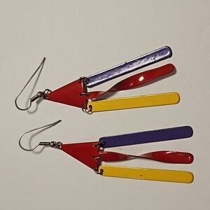 Vintage 80s Colorful Enamel Metal 3"L Pierced Earrings